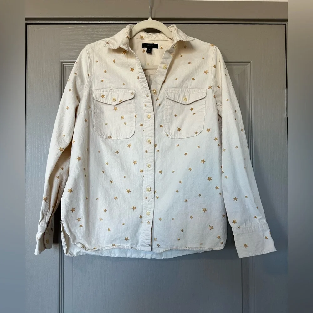 J.Crew Star Embroidered Utility Shirt Shacket Cream Gold Stars Button Front Sz S